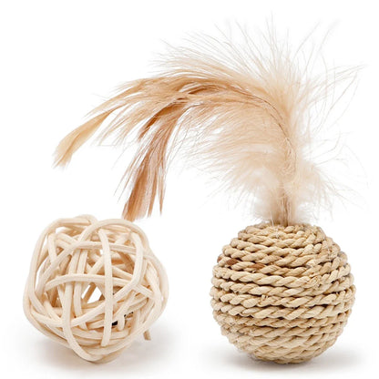 Rattan and Faux Feather Cat Ball Toy Set